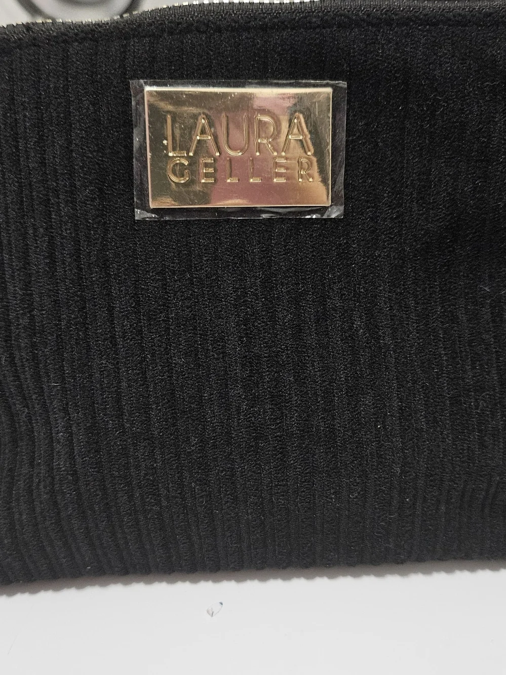 Laura Geller Black Ribbed Clutch Cosmetic Travel Bag with Gold Logo